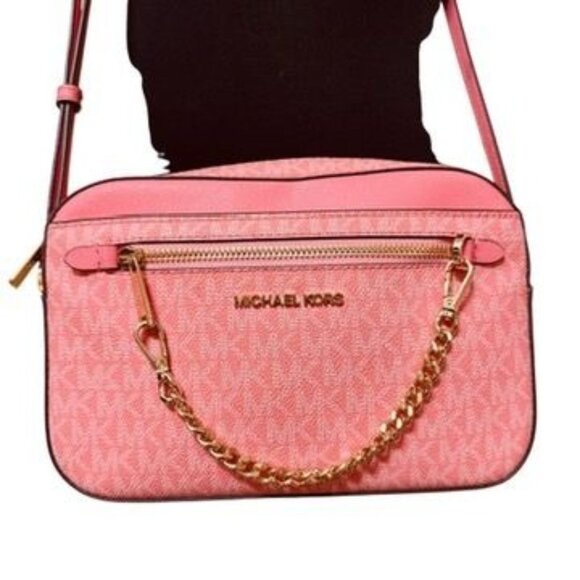MICHAEL KORS Jet Set East West Large Logo Crossbody Bag Chain Grapefruit Pink - Picture 13 of 14